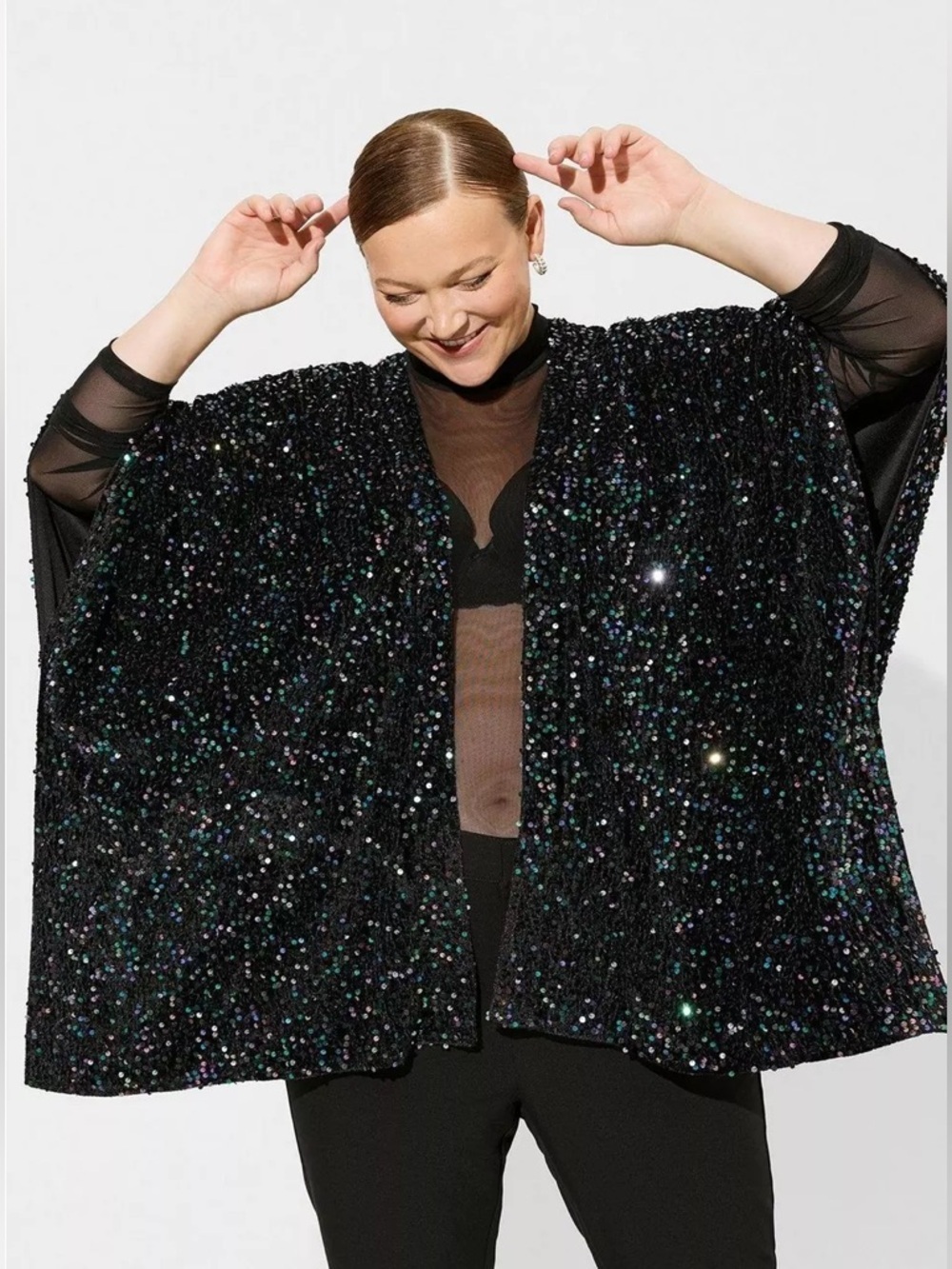 Torrid Sequined Ruana Black Sparkle Cardigan Poncho Kimono Coverup Wrap One Size